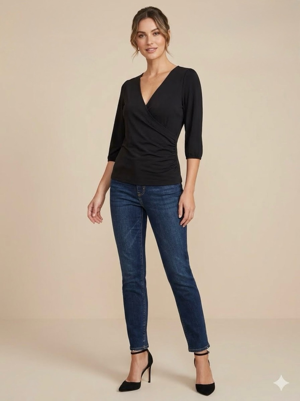 Suzy Shier wrap blouse in a classic black, Size Medium